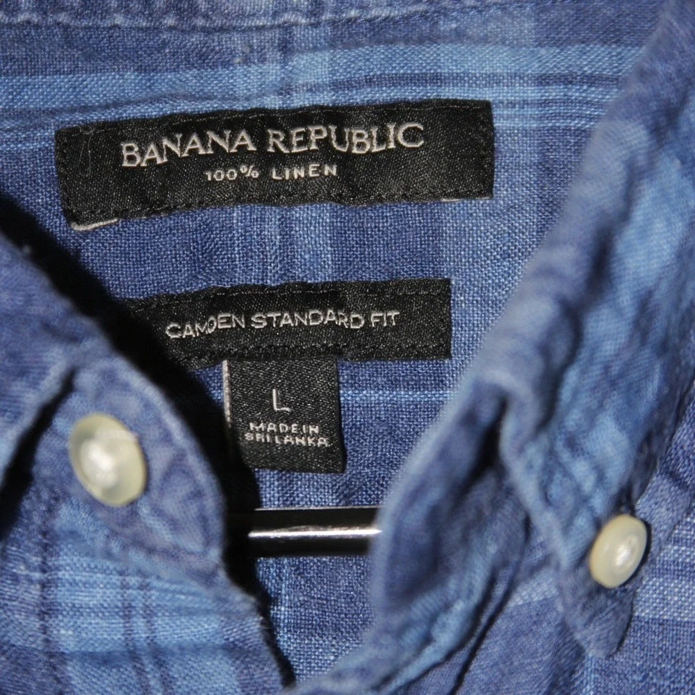 Banana Republic Plaid Linen Shirt Mens L Blue Camden‎ Standard Fit Short Sleeve
